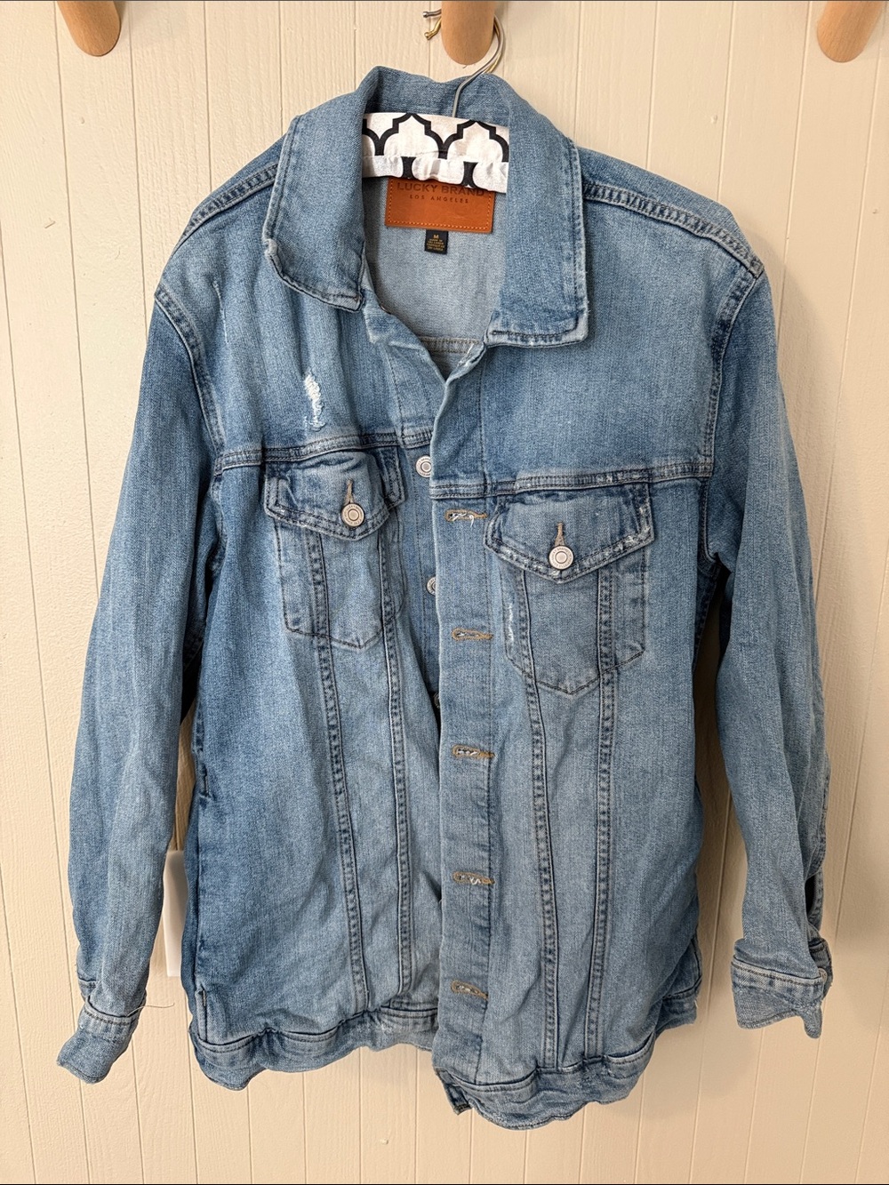 Lucky Brand Brown Leather Patch Denim Jacket - Light Blue
